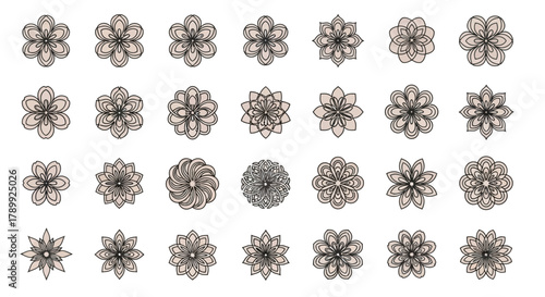 A collection of intricate symmetrical floral and mandala patterns displayed in a grid, featuring detailed line art designs against a white background.