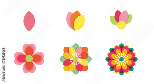 Vector illustration showing the step-by-step creation of a vibrant, colorful flower design with multiple petals and a central core.