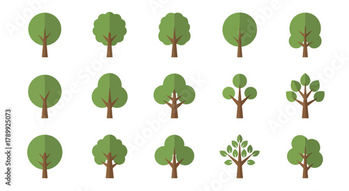 A collection of 15 flat design tree icons with various green leaf shapes and brown trunks, illustrating different types of stylized foliage.