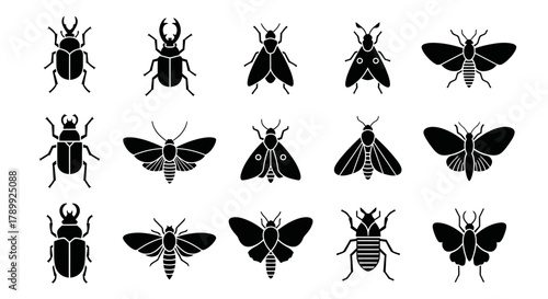 A collection of black silhouette icons depicting various insects such as beetles, moths, and flies on a white background, showcasing diverse insect forms.
