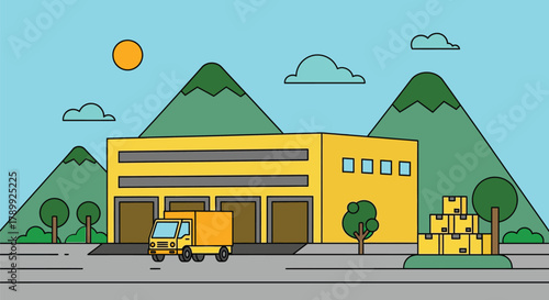 Delivery truck at warehouse with boxes ready for shipping worldwide