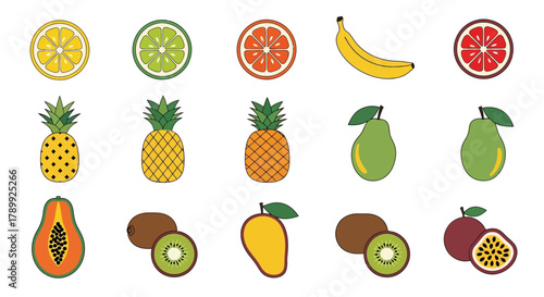 Colorful vector icons of various fresh fruits including citrus, pineapple, banana, pear, papaya, kiwi, mango, and passion fruit on a white background.