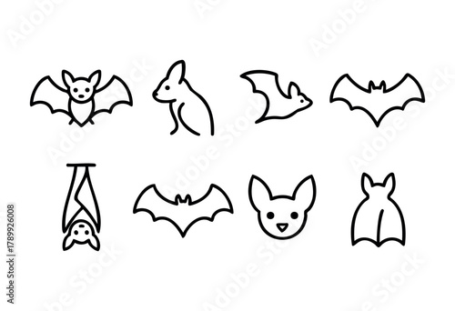Set of nine minimalist line art icons depicting bats in various positions, including flying, hanging upside down, and a rabbit for comparison. Perfect for Halloween designs, children's illustrations, 