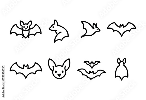 Collection of eight cute bat icons in various poses and styles, perfect for Halloween, children's illustrations, or any design project needing a playful bat motif. The icons are simple line drawings w