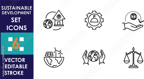 Set of six sustainable development vector icons showing eco-friendly housing, renewable energy, global protection, equality, and economic growth concepts with clean editable stroke design