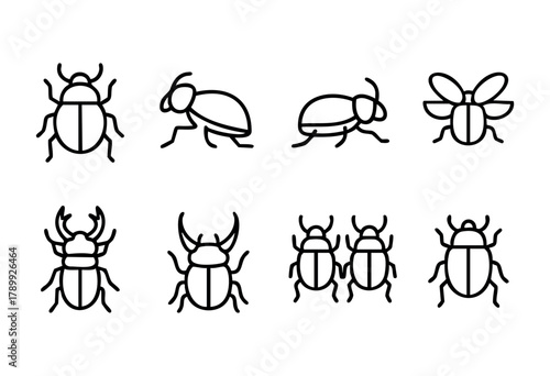 Set of eight different beetle icons in line art style. Simple black outlines on a white background, perfect for graphic design projects, websites, or apps.