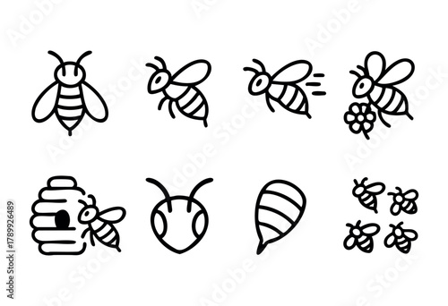 Set of hand-drawn bee icons in black outline style. Includes bees flying, collecting pollen, near a beehive, and a honey-comb. Perfect for honey, nature, and spring themes.
