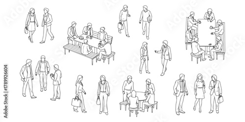 CAD Drawings. People seen from top view — walking, sitting, standing, and interacting. Vector illustration.