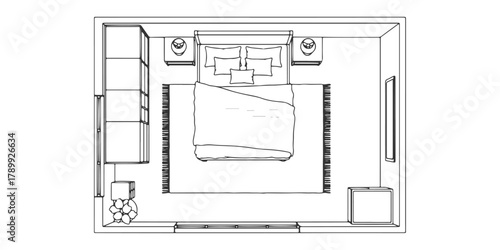CAD Drawings. Top view of a bedroom layout — bed, nightstands, rug, lamps, and wardrobe. Vector illustration.