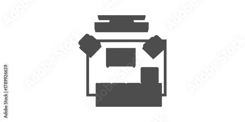 CAD Drawings. Silhouette Living room layout with sofa, coffee table, rug, armchairs, and TV unit. Vector illustration.