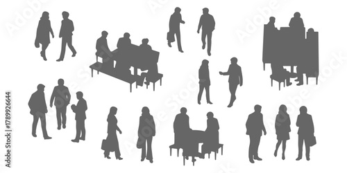 CAD Drawings. Silhouette People seen from top view — walking, sitting, standing, and interacting. Vector illustration.