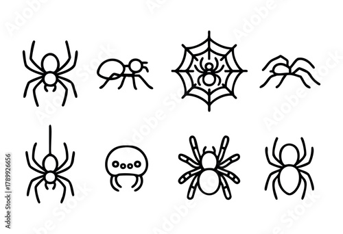 Collection of eight line art spider and spiderweb icons. Simple, black and white illustrations perfect for web design, app icons, or Halloween themed projects.