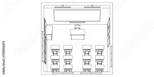 CAD Drawings. Top view of a classroom layout — desks, chairs, teacher’s table, and board. Vector illustration.