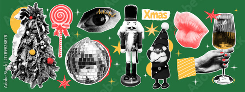Retro halftone New Year and Christmas cutouts. Tree, lollipop, toy, elf, lips, hand with glass of champagne in dotted collage style for modern greeting cards and posters.
