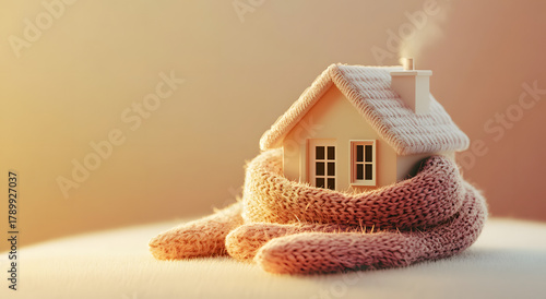Miniature knitted house wrapped in a orange knitted scarf  concept of home insulation, warmth, energy efficiency, and heating during winter, cozy domestic comfort and energy saving.