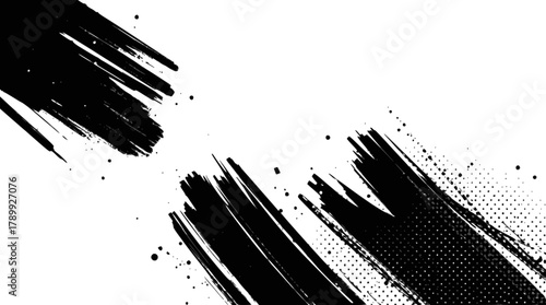 Abstract black grunge brush strokes with halftone texture, dynamic design isolated on