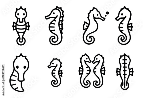 A set of eight line art illustrations of seahorses in various poses and orientations. The style is simple, bold, and black and white, suitable for children's books, logos, or educational materials.