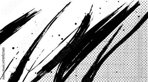 Dynamic black ink brush strokes and halftone pattern on
