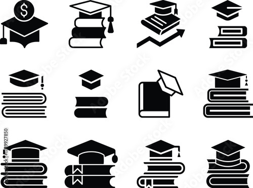 solid graduation hat icon with books Set icons of education, studying and science. Includes human brain, fields of study, graduation, school, university and knowledge. 