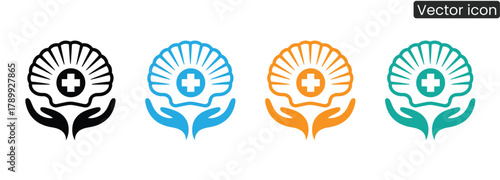 Colorful shell and hand icons representing medical care, protection, and service. Perfect for healthcare brands, clinics, hospitals, and marketing materials.