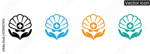 A set of healthcare logos featuring hands cradling a shell with a plus sign, symbolizing health, protection, and care. Ideal for medical and wellness brands.