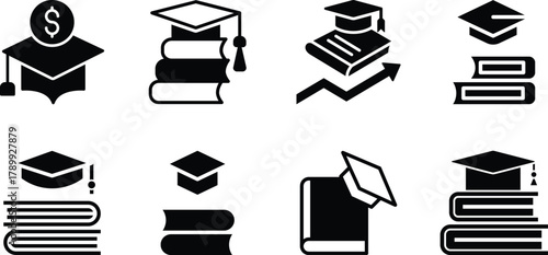 solid graduation hat icon with books Set icons of education, studying and science. Includes human brain, fields of study, graduation, school, university and knowledge. 
