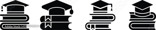 solid graduation hat icon with books Set icons of education, studying and science. Includes human brain, fields of study, graduation, school, university and knowledge. 