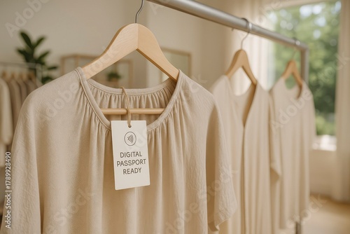 A close-up of a beige garment hanging on a wooden hanger. A QR label reads 'Digital Product Passport'. Soft lighting enhances the textile's texture.