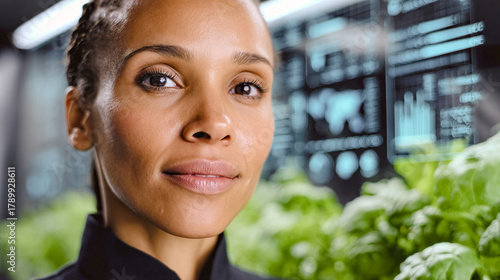 Mujer joven en entorno tecnológico con pantallas de datos y plantas verdes, observando con expresión serena en un espacio moderno de investigación agrícola.

