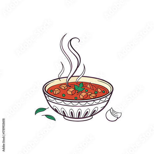 Vectors of a steaming bowl of vegetable soup, curry on a white background
