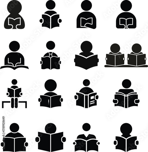 Reading Icon Set Student reading a book in school learning area, solid icon vector. Variety of black and white icons representing books, reading, and libraries in a casual learning environment