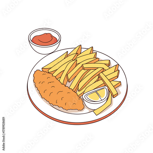 Fish fingers chips , Fish and chips with french fries with ketchup