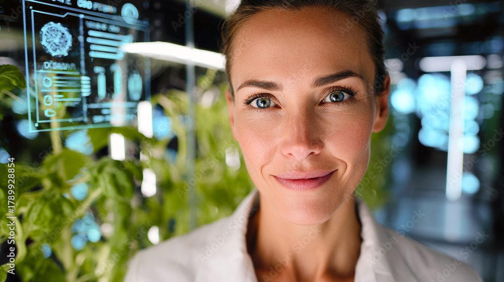 Obraz premium Mujer joven en un invernadero tecnológico observando cultivos con datos digitales proyectados, en un entorno moderno de investigación agrícola.