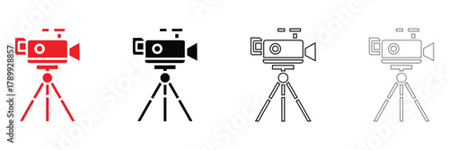 Video Camera icon vector set, camera tripod, movie camera icon vector, silhouette and line art