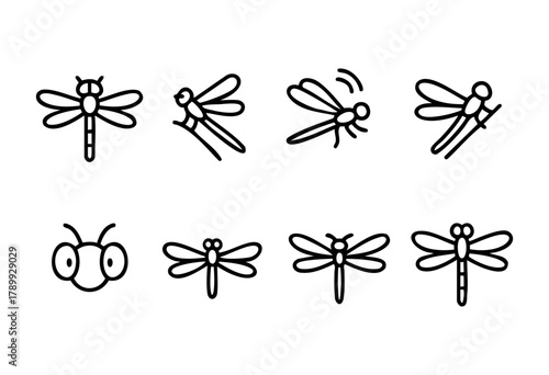 Collection of nine simple line art illustrations of dragonflies in various poses. Perfect for children's books, educational materials, or design projects requiring a clean and modern aesthetic.