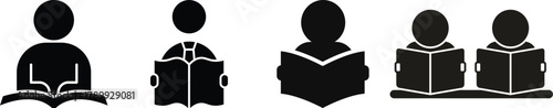 Reading Icon Set Student reading a book in school learning area, solid icon vector. Variety of black and white icons representing books, reading, and libraries in a casual learning environment