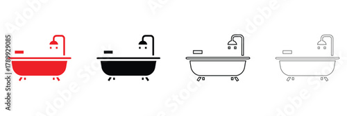 Bathtub icon set vector, bathtub with showerhead and faucet vector, silhouette and line art