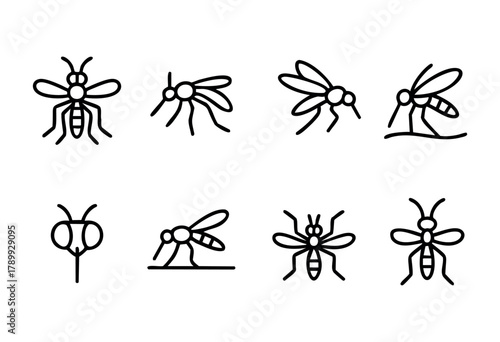 Set of eight line art mosquito icons in different poses. Perfect for websites, apps, or educational materials related to insects, diseases, or health.