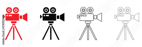 Video Camera icon vector set, camera tripod, movie camera icon vector, silhouette and line art