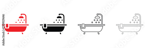 Bathtub icon set vector, bathtub with showerhead and faucet vector, silhouette and line art