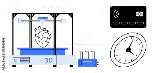 3D printer generating a human heart, accompanied by a timing device and cashless payment card. Ideal for healthcare, innovation, technology, science, manufacturing, research, futuristic themes