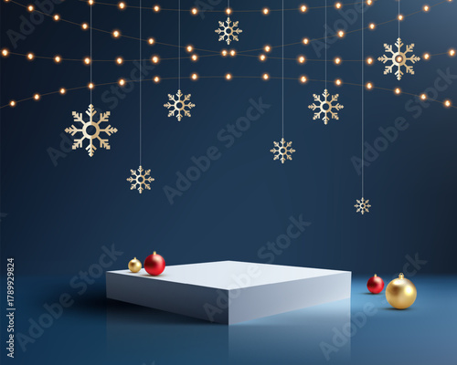 Christmas Holiday Product Display Stage with White Podium, Gold Snowflakes, and String Lights on Dark Blue Background for Winter Sales and New Year Promotion
