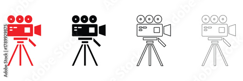 Video Camera icon vector set, camera tripod, movie camera icon vector, silhouette and line art