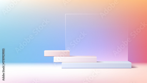 Modern Minimal Pastel Product Display Podium Mockup with Frosted Glass Panel and Soft Gradient Background for E Commerce and Cosmetic Presentation