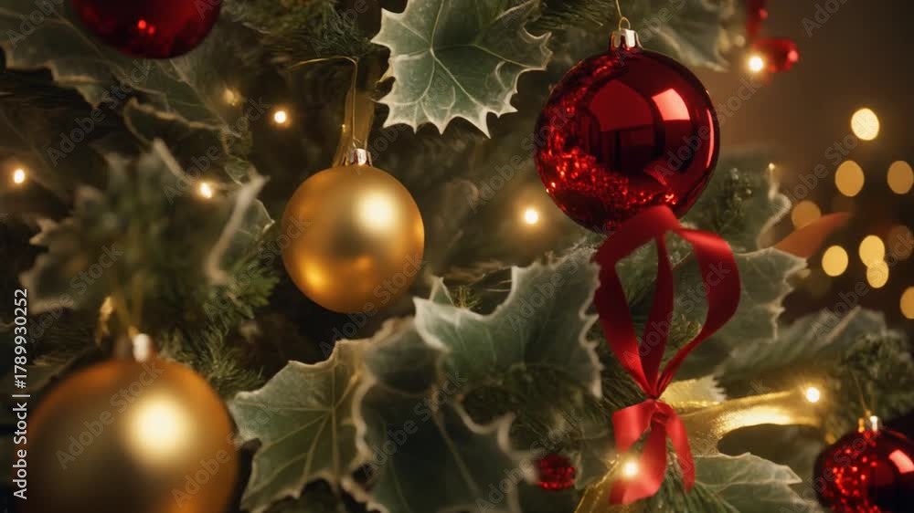 Árbol de Navidad grande y frondoso. Está profusamente decorado con una combinación de elementos clásicos: Esferas (bolas) grandes y brillantes en colores rojo (reflectantes) y dorado (acabado mate).