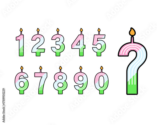 Colorful Striped Number Taiwan Birthday Candles Set Illustration Vector Art: Fun Rainbow Digit Cake Toppers
