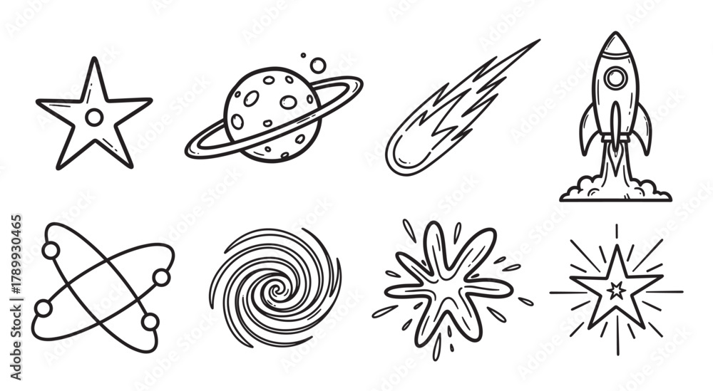 Obraz premium Hand drawn space icon collection in a simple doodle style. Set includes a rocket ship, planet, star, atom, and galaxy symbols for science and astronomy themes
