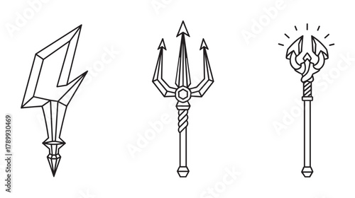 Three distinct magical staff icons. Stylized mythological tridents and fantasy scepters with geometric details. Clean outline elements for game design