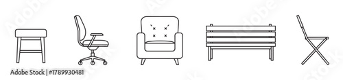 Furniture line icon collection with various seating options for interior design. Set includes an office chair, armchair, bench, stool and folding chair for home or commercial use