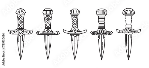 Collection of five stylized daggers in a clean outline art style, featuring various intricate handles and blades. Perfect for fantasy game assets, emblems, or graphic design elements